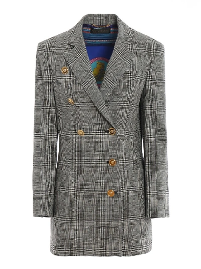 Shop Versace Houndstooth Wool Short Coat In Grey