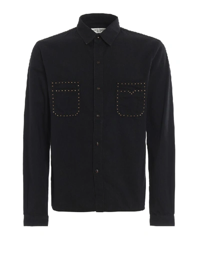 Shop Saint Laurent Cotton Shirt With Studded Pockets In Black