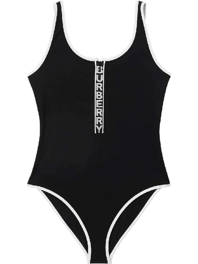 Shop Burberry Black Women's Black And White Logo Zipper Swimsuit