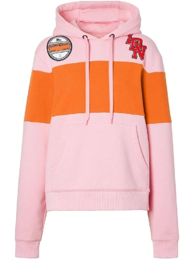 Shop Burberry Pink Women's Pink Panelled Logo Graphic Hoodie In Neutrals