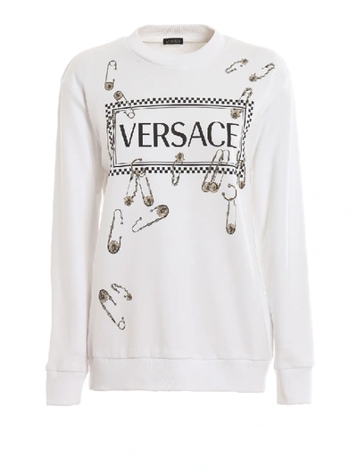 Shop Versace Safety Pin And 90s Logo Print Sweatshirt In White