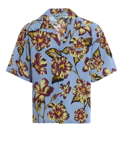 Shop Prada Hibiscus Print Ponge Over Shirt In Blue