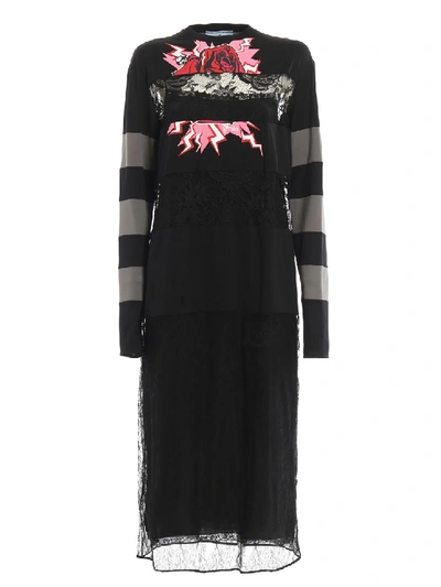 Shop Prada Rose Print Lace And Cotton Dress In Black