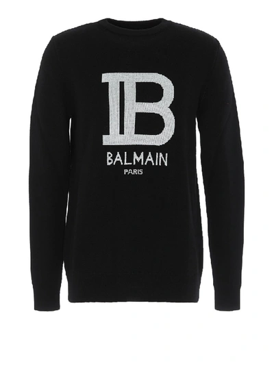 Shop Balmain Logo Intarsia Wool Blend Sweater In Black