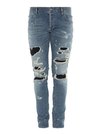 Shop Balmain Cotton Denim Jeans With Rips In Grey
