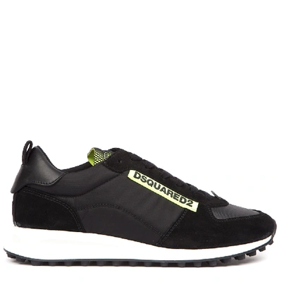 Shop Dsquared2 Black And Green Leather And Technical Fabric Sneakers