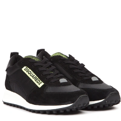 Shop Dsquared2 Black And Green Leather And Technical Fabric Sneakers