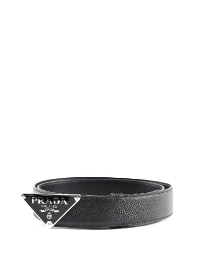 Shop Prada Black Saffiano Leather Belt In Grey