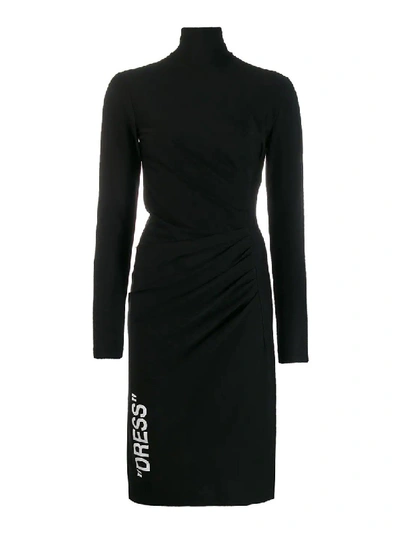 Shop Off-white Draped Stretch Viscose Turtleneck Dress In Black