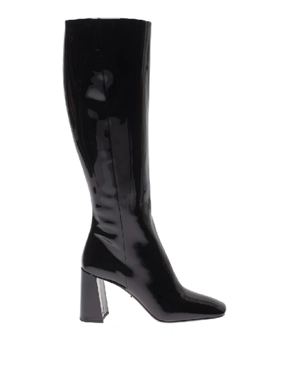 Shop Prada Squared Toe Patent Boots In Black
