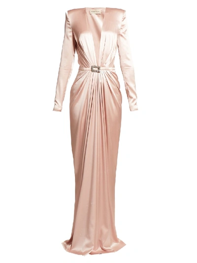 Shop Alexandre Vauthier Crystal-buckle Silk-blend Gown In Neutrals