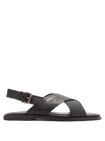 Shop Prada Cross-strap Saffiano-leather Sandals In Black