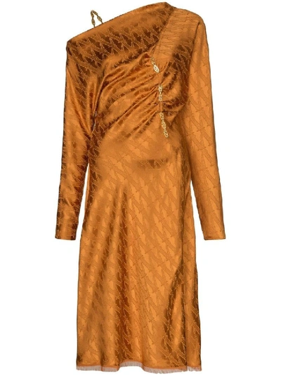 Shop Versace Brown Women's Off-shoulder Chain Strap Midi Dress In Orange