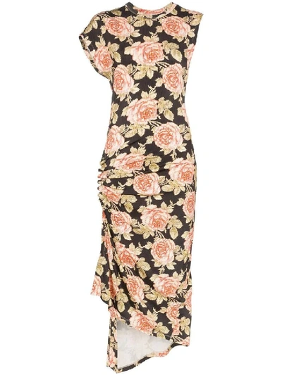 Shop Paco Rabanne Multicolor Women's Rose Print Midi Dress In Neutrals
