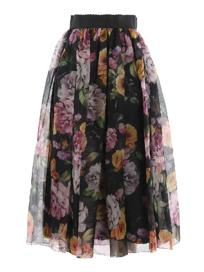 Shop Dolce & Gabbana Silk Organdie Floral Midi Skirt In Grey