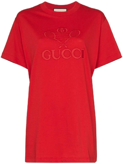 Shop Gucci Red Women's Embroidered  Tennis T-shirt