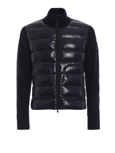 Shop Moncler Blue Knit Wool And Padded Nylon Zip Cardigan In Black