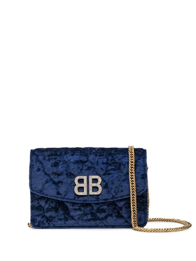 Shop Balenciaga Blue Women's Velvety Bb Wallet On Chain In Black