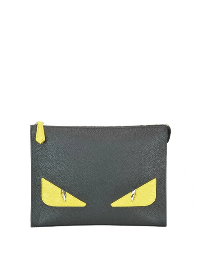 Shop Fendi Black Bag Bugs Hammered Leather Pouch In Grey