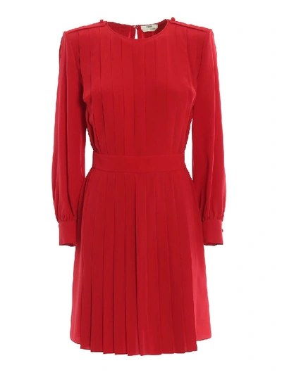 Shop Fendi Silk Crepe De Chine Pleated Dress In Red