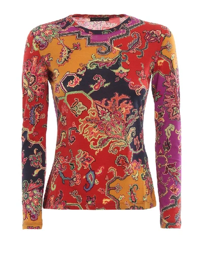 Shop Etro Floral Print Knitted Wool Long Sleeve T-shirt In Red