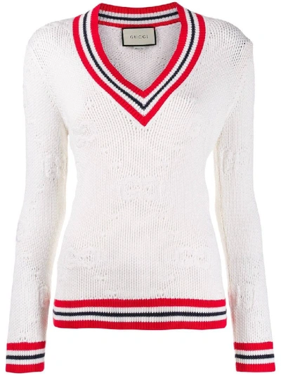 Shop Gucci White Women's V-neck Knitted Logo Sweater