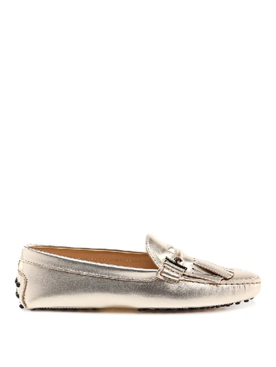 Shop Tod's Gold Fringed Loafers In Grey