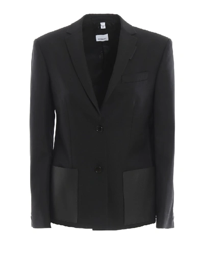 Shop Burberry Leather Pockets Pure Wool Blazer In Black