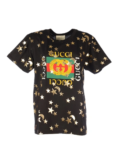 Shop Gucci Embellished Cotton T-shirt In Black