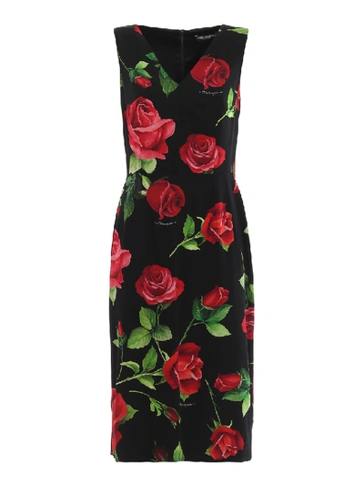 Shop Dolce & Gabbana Rose Print Silk Sleeveless Sheath Dress In Black