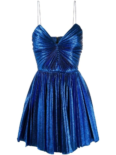Shop Saint Laurent Blue Women's Blue Metallic Pleated Mini Dress