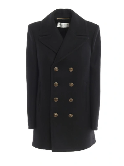 Shop Saint Laurent Wool Felt Straight Hem Pea Coat In Black