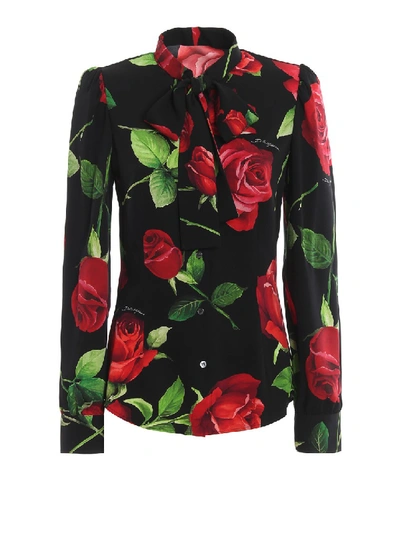 Shop Dolce & Gabbana Rose Print Silk Pussy Bow Shirt In Black