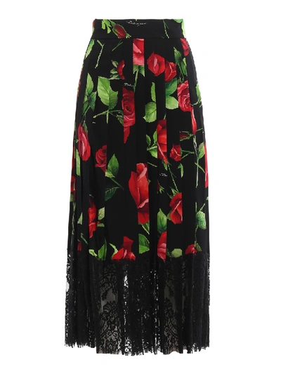 Shop Dolce & Gabbana Lace Trimmed Rose Print Silk Pleated Skirt In Black