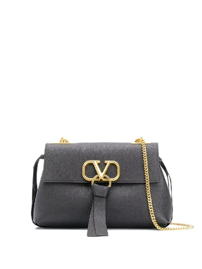 Shop Valentino Vring Black Leather Shoulder Bag In Grey