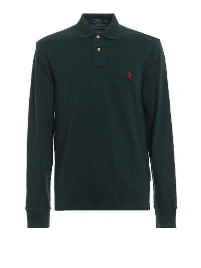 Shop Polo Ralph Lauren Bottle Green Cotton Long Sleeve Polo Shirt In Black