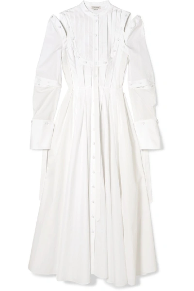 Shop Alexander Mcqueen Cutout Pleated Cotton-poplin Dress In White