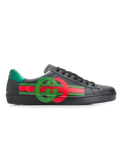 Shop Gucci Black Men's Gg Green And Red New Ace Sneaker In Grey