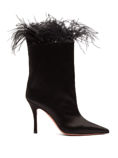 Shop Amina Muaddi Feather-trimmed Satin Ankle Boots In Black