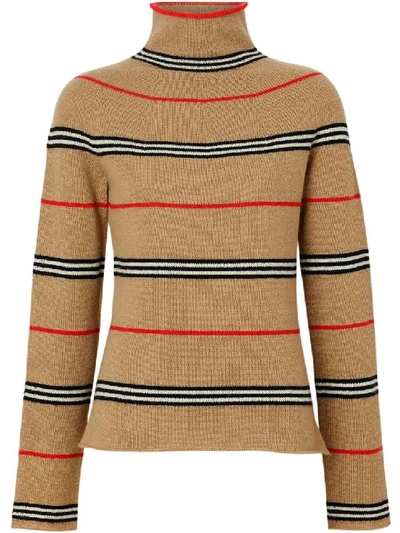 Shop Burberry Neutral Women's Icon Stripe Cashmere Turtleneck Sweater In Brown