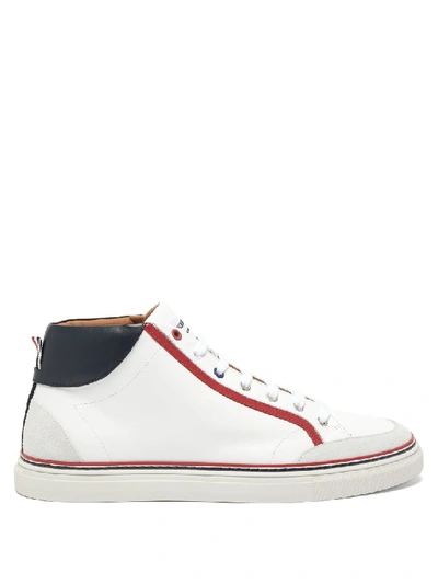 Shop Thom Browne Tricolour-stripe Leather High-top Trainers In White