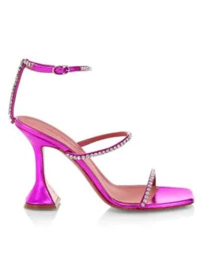 Shop Amina Muaddi Women's Gilda Embellished Metallic Leather Sandals In Metallic Fuchsia