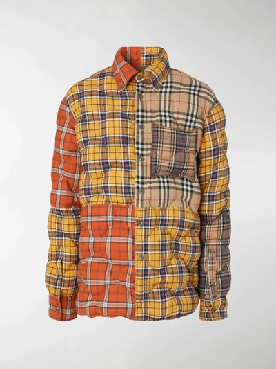 Shop Burberry Contrast Check Puffer Overshirt In Yellow