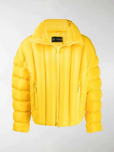 Shop Versace Quilted Logo Print Puffer Jacket In Yellow