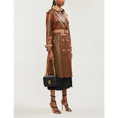 Shop Burberry Double-breasted Faux-leather Trench Coat In Flaxseed