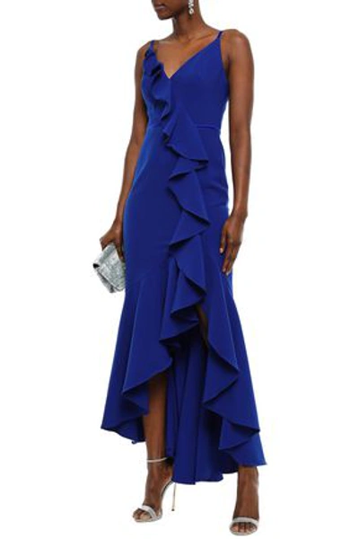 Shop Marchesa Notte Velvet-trimmed Ruffled Cady Gown In Royal Blue