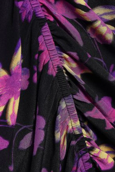 Shop Maje Ruched Floral-print Crepe Mini Dress In Purple