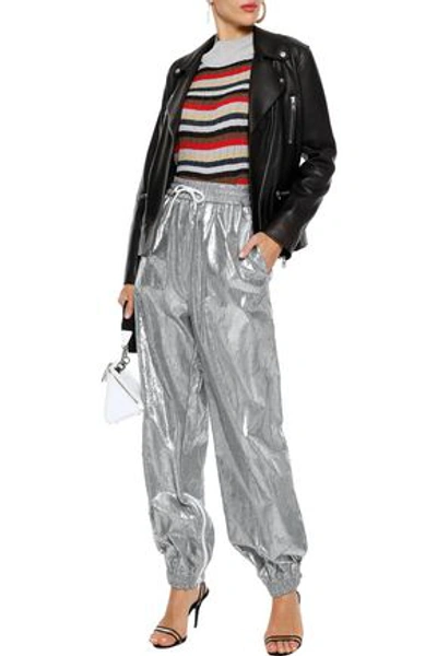 Shop Msgm Woman Metallic Crinkled Shell Tapered Track Pants Silver