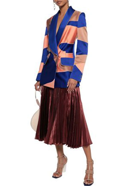 Shop Peter Pilotto Woman Double-breasted Patchwork-effect Satin-crepe Blazer Bright Blue