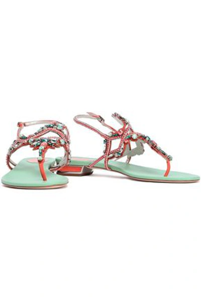 Shop René Caovilla Embellished Suede And Satin Sandals In Coral